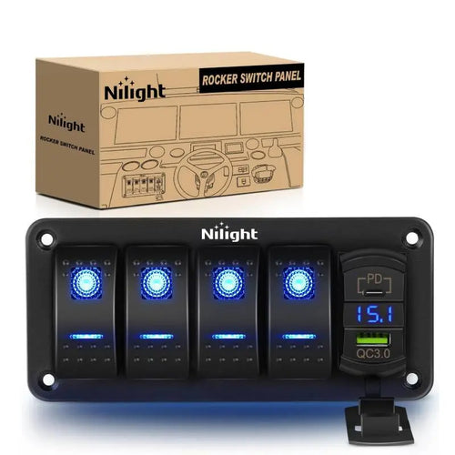Nilight 4Gang Aluminum 5Pin ON/Off Blue Rocker Switch Panel w/ PD Type C and USB Charger Voltmeter