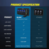 Nilight 4Gang Aluminum 5Pin ON/Off Blue Rocker Switch Panel w/ PD Type C and USB Charger Voltmeter, view 6