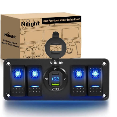 Nilight 4Gang Aluminum 5Pin ON/Off Blue Rocker Switch Panel w/ PD Type C & QC 3.0 Dual USB Charger Voltmeter