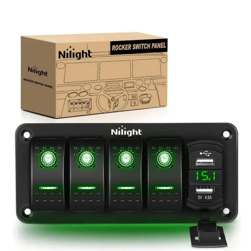 Nilight 4Gang Aluminum 5Pin ON/Off Green Rocker Switch Panel w/ 4.8 Amp Dual USB Charger Voltmeter