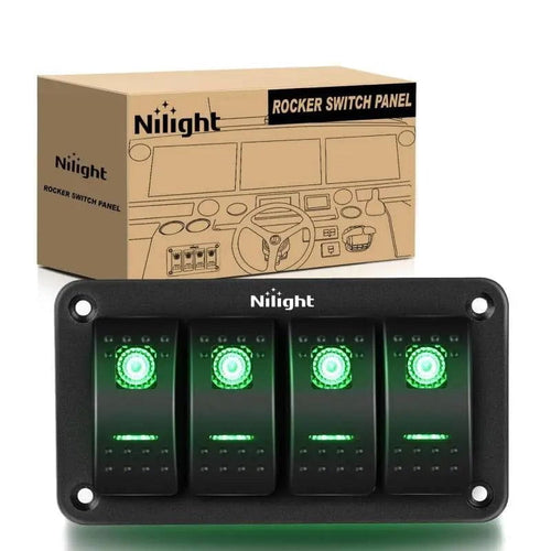 Nilight 4Gang Aluminum 5Pin ON/Off Green Rocker Switch Panel