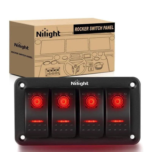 Nilight 4Gang Aluminum 5Pin ON/Off Red Rocker Switch Panel