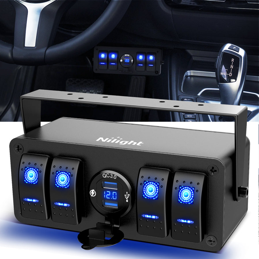Nilight 4Gang Aluminum ON/Off Blue Rocker Switch Box w/ QC 3.0 Dual USB Charger Voltmeter