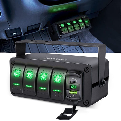 Nilight 4Gang Aluminum ON/Off Rocker Switch Box w/ QC 3.0 Dual USB Charger Voltmeter with Green Backlit