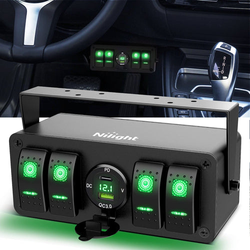 Nilight 4Gang Aluminum ON/Off Rocker Switch Box w/ QC 3.0 Dual USB Charger Voltmeter