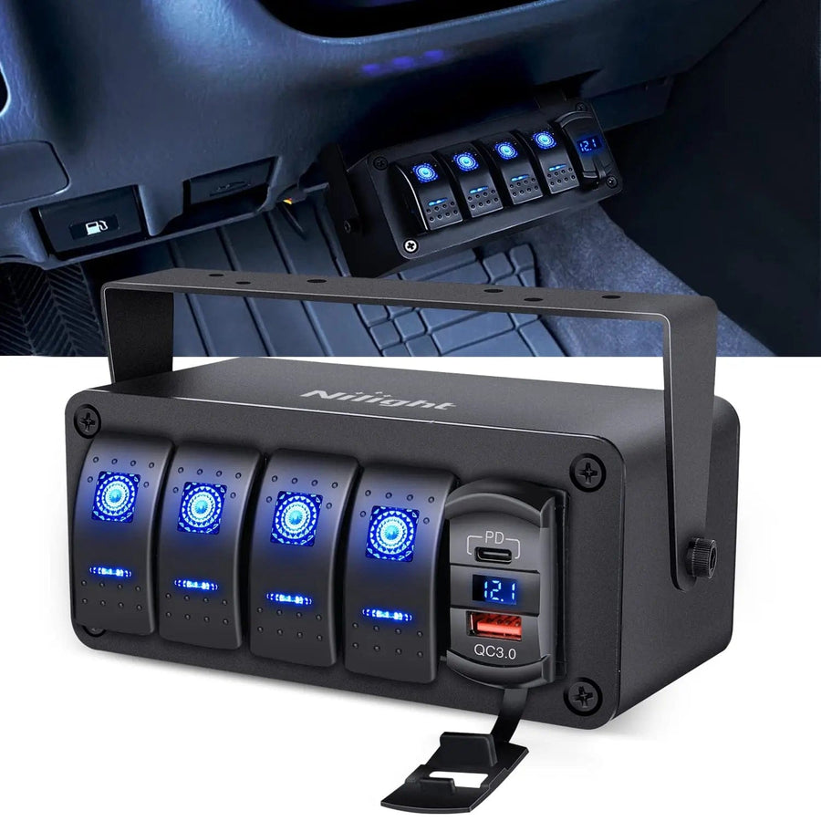 Nilight 4Gang Blue Rocker Switch Box w/ PD Type C | QC 3.0 USB Charger Voltmeter