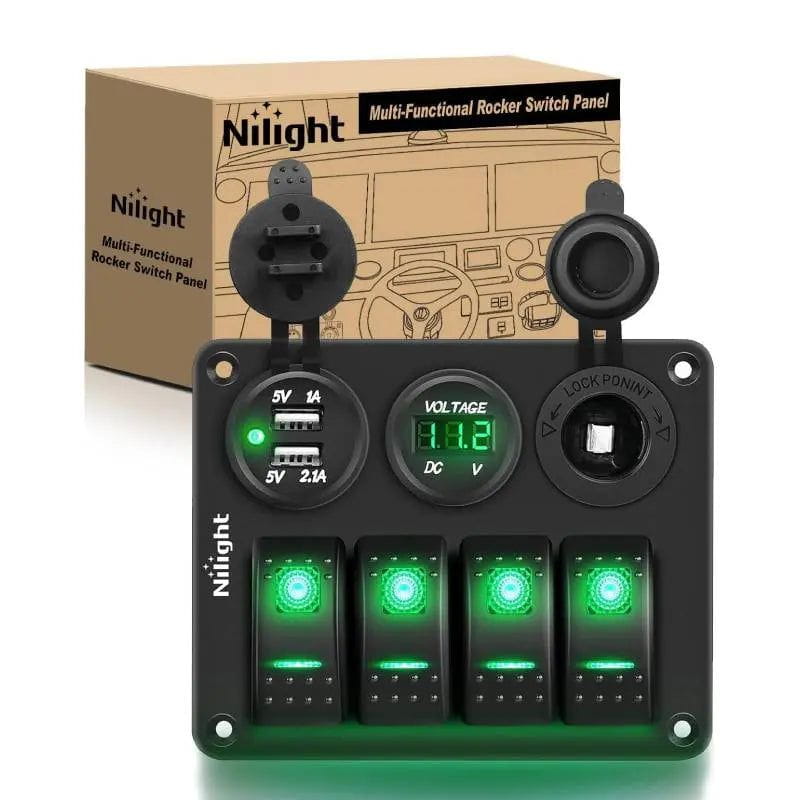 Nilight 4Gang ON/Off Green Rocker Switch Panel w/ Dual USB Cigarette Lighter Socket Voltmeter