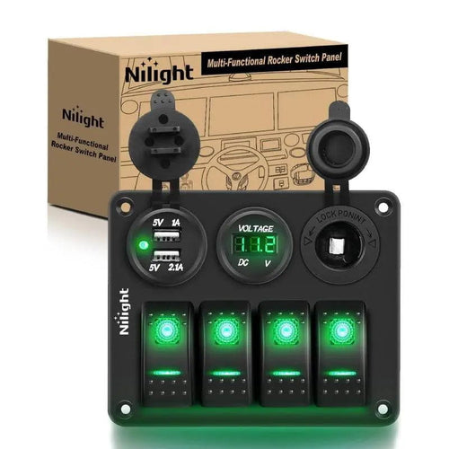 Nilight 4Gang ON/Off Green Rocker Switch Panel w/ Dual USB Cigarette Lighter Socket Voltmeter (25% OFF Final Checkout)