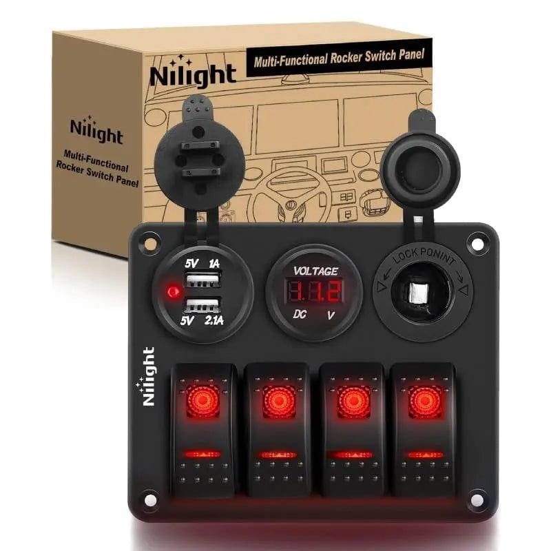 Nilight 4Gang ON/Off Red Rocker Switch Panel w/ Dual USB Cigarette Lighter Socket Voltmeter