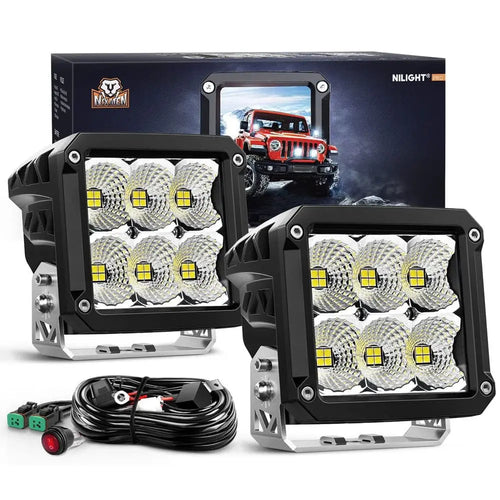 Nilight 4 Inch 120W 13500LM Square Flood Built-in EMC LED Pods (Pair) | 14AWG DT Wire