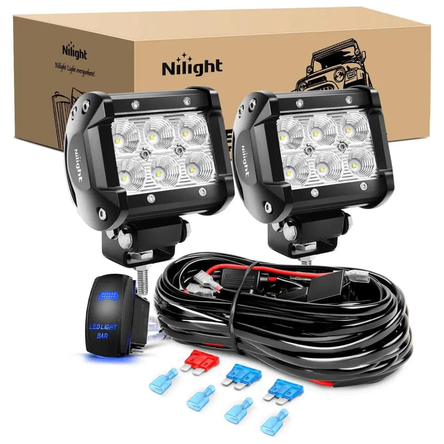 Nilight 4 Inch 18W 1260LM Double Row Flood LED Pods (Pair) | 16AWG Wire 5Pin Switch