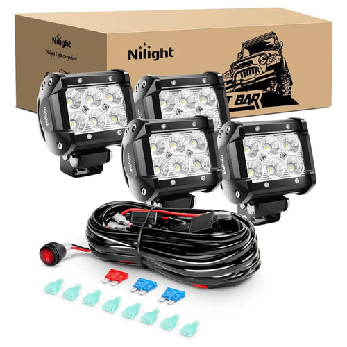 Nilight 4 Inch 18W 1260LM Double Row Flood LED Pods (2 Pairs) | 16AWG Wire 3Pin Switch
