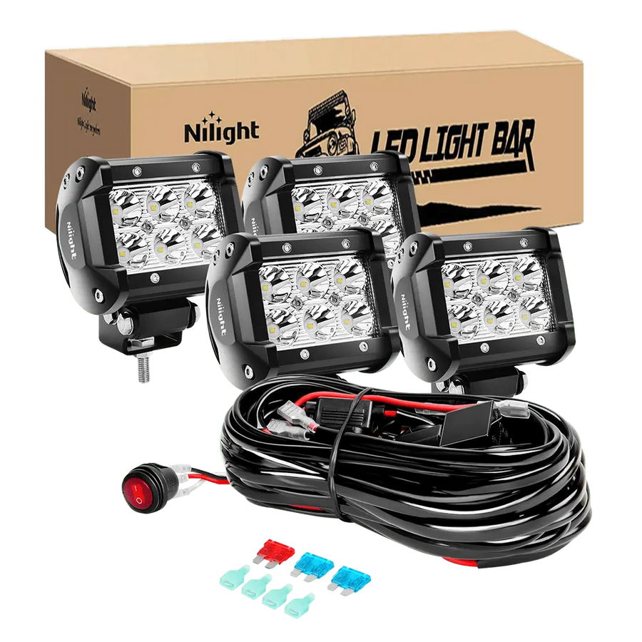 Nilight 4 Inch 18W 1260LM Double Row Spot LED Pods (2 Pairs) | 10FT Wire 3Pin Switch