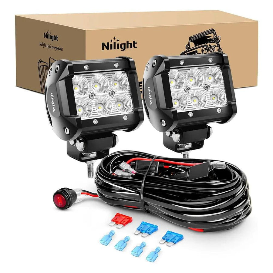 Nilight 4 Inch 18W Double Row Flood LED Pods (Pair) | 16AWG Wire 3Pin Switch