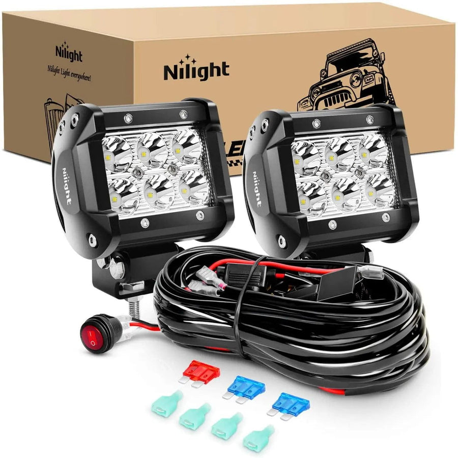 Nilight 4 Inch 18W Double Row Spot LED Pods (Pair) | 16AWG Wire 3Pin Switch