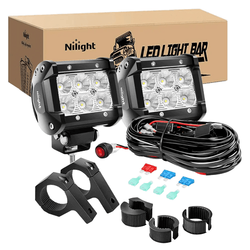 Nilight 4 Inch 18W Flood Double Row LED Pods (Pair) | 12FT Wire 3Pin Switch