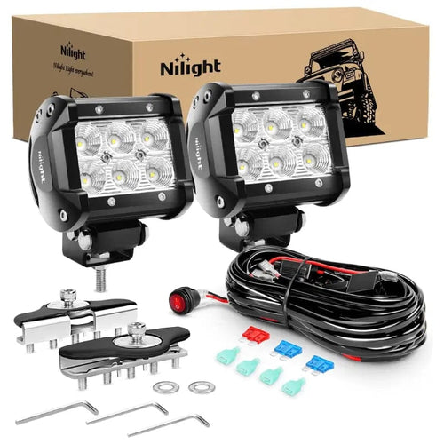 Nilight 4 Inch 18W Flood LED Pods (Pair) | Pillar Hood Mount | 16AWG Wire 3Pin Switch