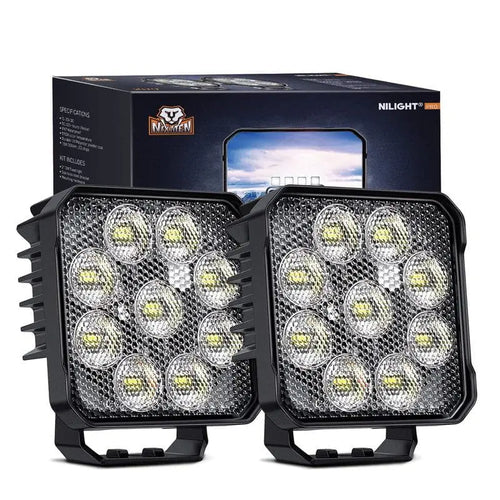 Nilight 4 Inch 27W 3370LM Square Flood Built-in EMC LED Work Lights (Pair)