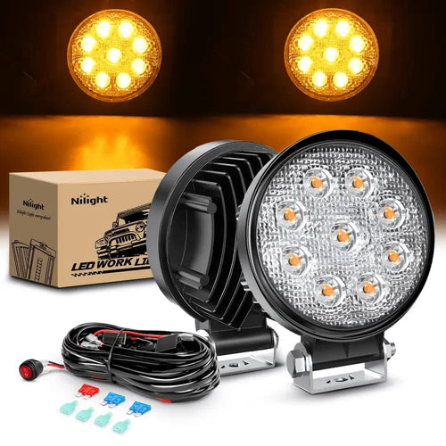 Nilight 4.5 Inch 27W Round Amber Spot Led Work Lights (Pair) | 16AWG Wire 3Pin Switch
