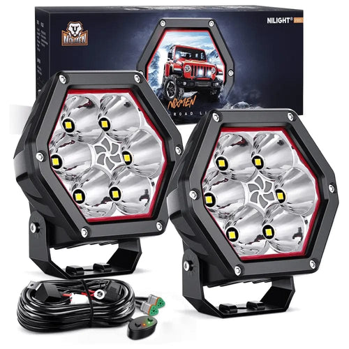 Nilight 4 Inch 30W 2600LM Hexagon DRL Spot LED Pods (Pair) | 16AWG DT Wire
