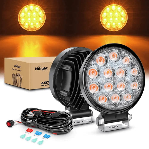 Nilight 4.5 Inch 42W 4200LM Amber Round Flood LED Work Lights (Pair) | 16AWG Wire 3Pin Switch
