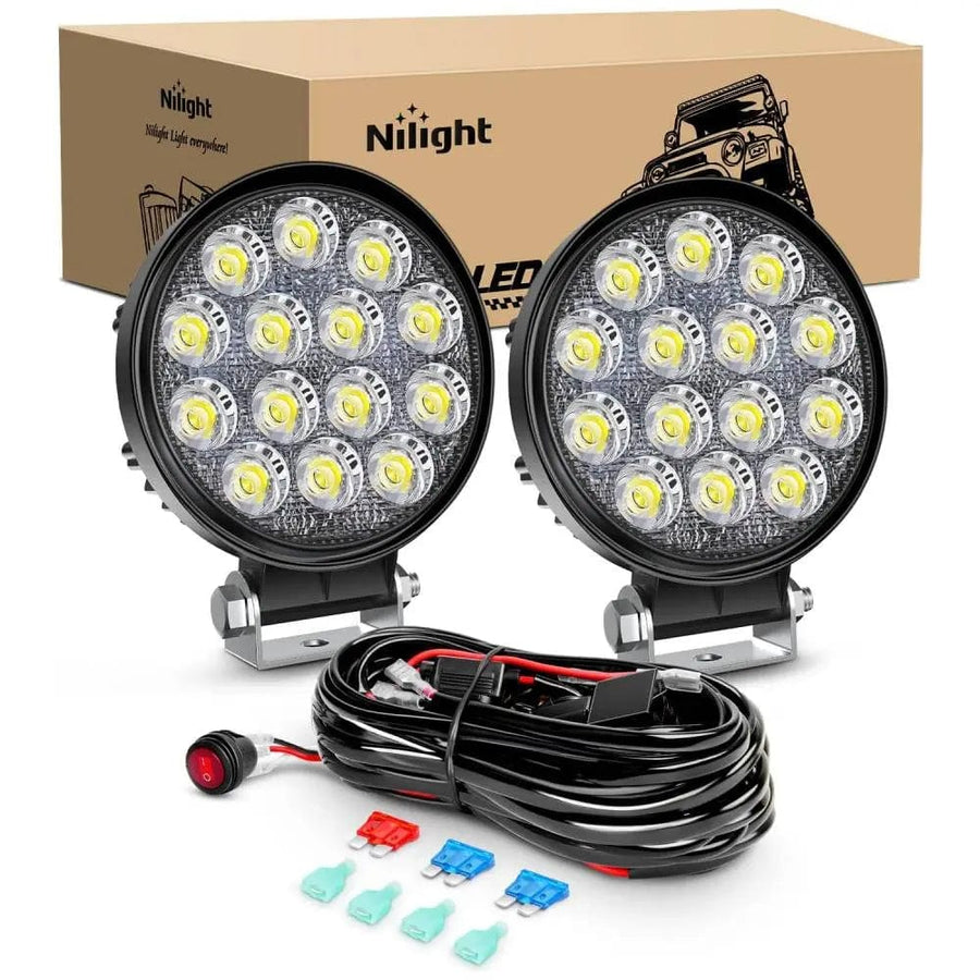 Nilight 4.5 Inch 42W 4200LM Round Flood LED Work Lights (Pair) | 16AWG Wire 3Pin Switch