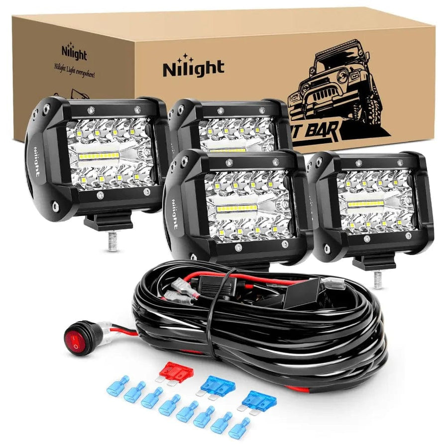 Nilight 4 Inch 60W 6000LM Triple Row Spot Flood LED Pods (2 Pairs) | 16AWG Wire 3Pin Switch