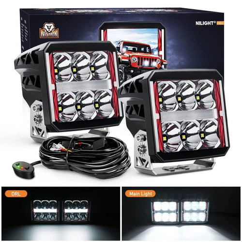 Nilight 4 Inch 60W 6487LM Square DRL Heated Lens Spot LED Pods (Pair) | 16AWG DT Wire