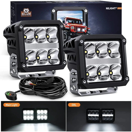 Nilight 4 Inch 60W 6487LM Square DRL Spot LED Pods (Pair) | 16AWG DT Wire