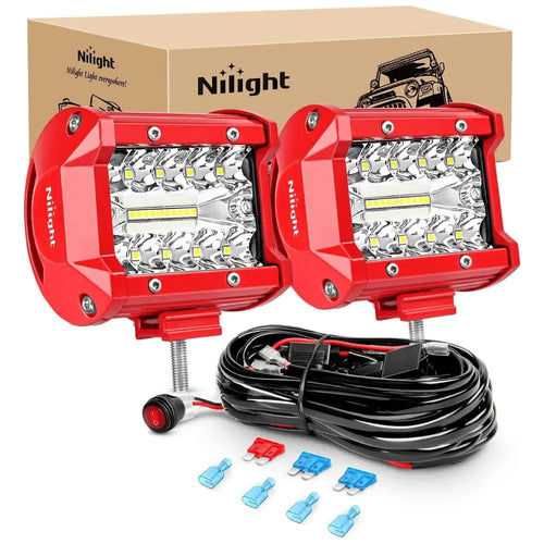 Nilight 4 Inch 60W Triple Row Red Case Spot Flood LED Light Bars (Pair) | 16AWG Wire 3Pin Switch