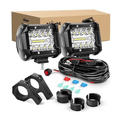 Nilight 4 Inch 60W Triple Row Spot Flood LED Pods (Pair) | Horizontal Bar Tube Clamp Mount | 16AWG Wire 3Pin Switch