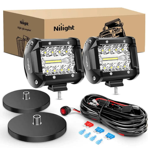 Nilight 4 Inch 60W Triple Row Spot Flood LED Pods (Pair) W/ Magnetic Base | 16AWG Wire 3Pin Switch