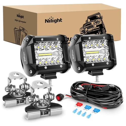 Nilight 4 Inch 60W Triple Row Spot Flood LED Pods (Pair) W/ Pillar Hood Bracket Clamp Holder | 16AWG Wire 3Pin Switch