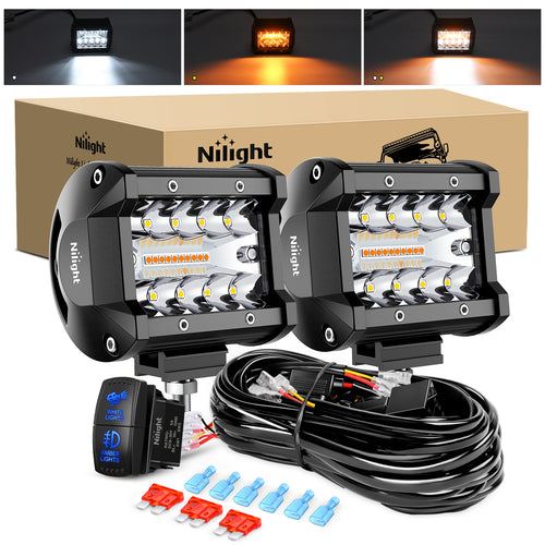 Nilight 4Inch Off-Road LED Light Bar, 2PCS 60W 3 Lighting Modes (White/Amber/White&Amber) Driving Fog Light Spot Flood Lights with 18AWG Wiring Harness for Truck Car ATV SUV Jeep Boat