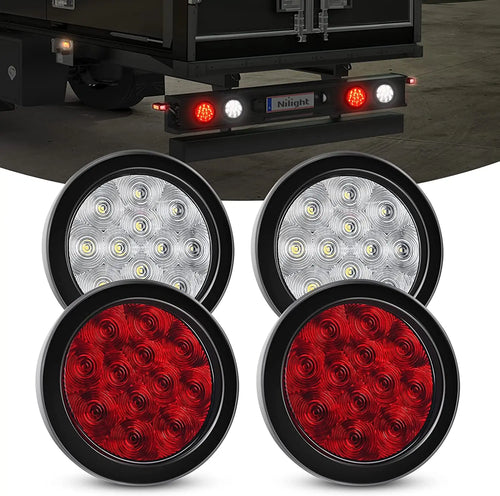 Nilight 4 Inch Red White Round 12Leds Tail Light (2 Pairs)