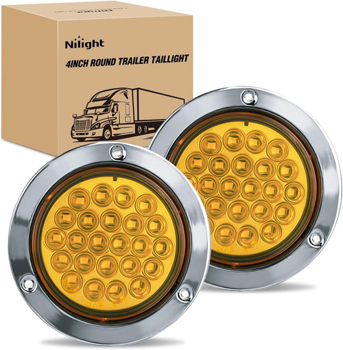 Nilight 4Inch Round Tail Lights 2PCS Amber 24LED Chrome Bezel | Waterproof Running Turn Signal Lights Stainless Steel Trim for Trucks Trailers RVs Lorries Boats Tractors