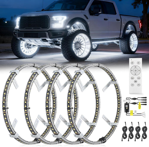 Nilight 4PCS 17inch Double Row LED Wheel Ring Lights Pure White with Remote Control w/Turn Signal Braking and Reverse Function Dual Row for Car Van SUV Truck