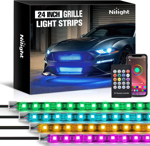 Nilight 4PCS 24 Inch RGB LED Grille Light Strips with APP & Remote Control | 144 LEDs Multi Color Exterior Lighting Kit DIY Sound Active Function Music Mode for Cars Van SUV Truck