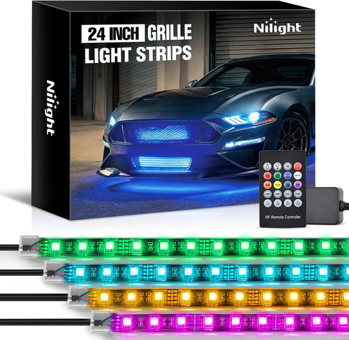 Nilight 4PCS 24 Inch RGB LED Grille Light Strips with Wireless Remote Control | 144 LEDs Multi Color Exterior Lighting Kit DIY Sound Active Function Music Mode for Cars Van SUV Truck