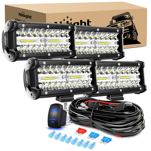 Nilight 4PCS 6.5Inch 120W Triple Rows Led Light Bar with 16AWG 5Pin Switch Wiring Harness Kit 4 Leads