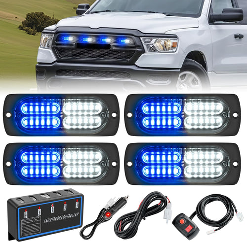 Nilight 4PCS LED Strobe lights 12V 24V Sync Feature Blue White 24LED Emergency Hazard Warning Lights with Controller Hard Wire or Cigarette Lighter Plug for Car Truck RVs Campers