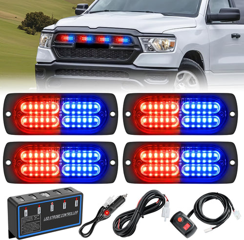 Nilight 4PCS LED Strobe lights 12V 24V Sync Feature Red Blue 24LED Emergency Hazard Warning Lights with Controller Hard Wire or Cigarette Lighter Plug for Car Truck RVs Campers