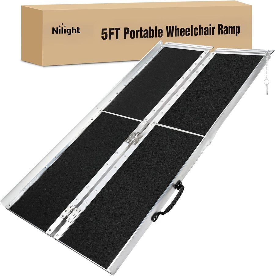 Nilight 5 Feet Portable Wheelchair Ramp with Quick-Lock Non-Skid Aluminum | Handicap Ramps with Handle Folding Threshold Ramp for Home Steps, Stairs, Doorways, Scooter, Porch, Cart 800LBS Capacity