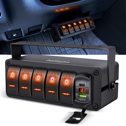 Nilight 5 Gang Rocker Switch Box 12V SPST ON Off Toggle Switches PD Type C and QC 3.0 USB Sockcet Voltmeter LED Light Waterproof Aluminum Mount Bracket Panel DIY Stickers for Boat Car RV Truck
