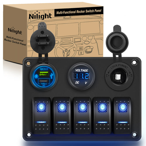 Nilight 5 Gang Rocker Switch Panel Pre-Wired Aluminum with PD Type C and USB Cigarette Lighter Socket Voltmeter 12V 24V ON Off Toggle Switches for Car Trucks Boats RVs