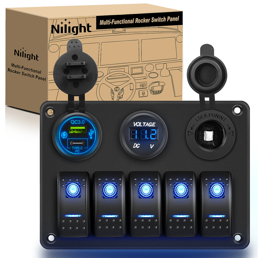 Nilight 5 Gang Rocker Switch Panel Pre-Wired Aluminum with PD Type C and USB Cigarette Lighter Socket Voltmeter 12V 24V ON Off Toggle Switches for Car Trucks Boats RVs