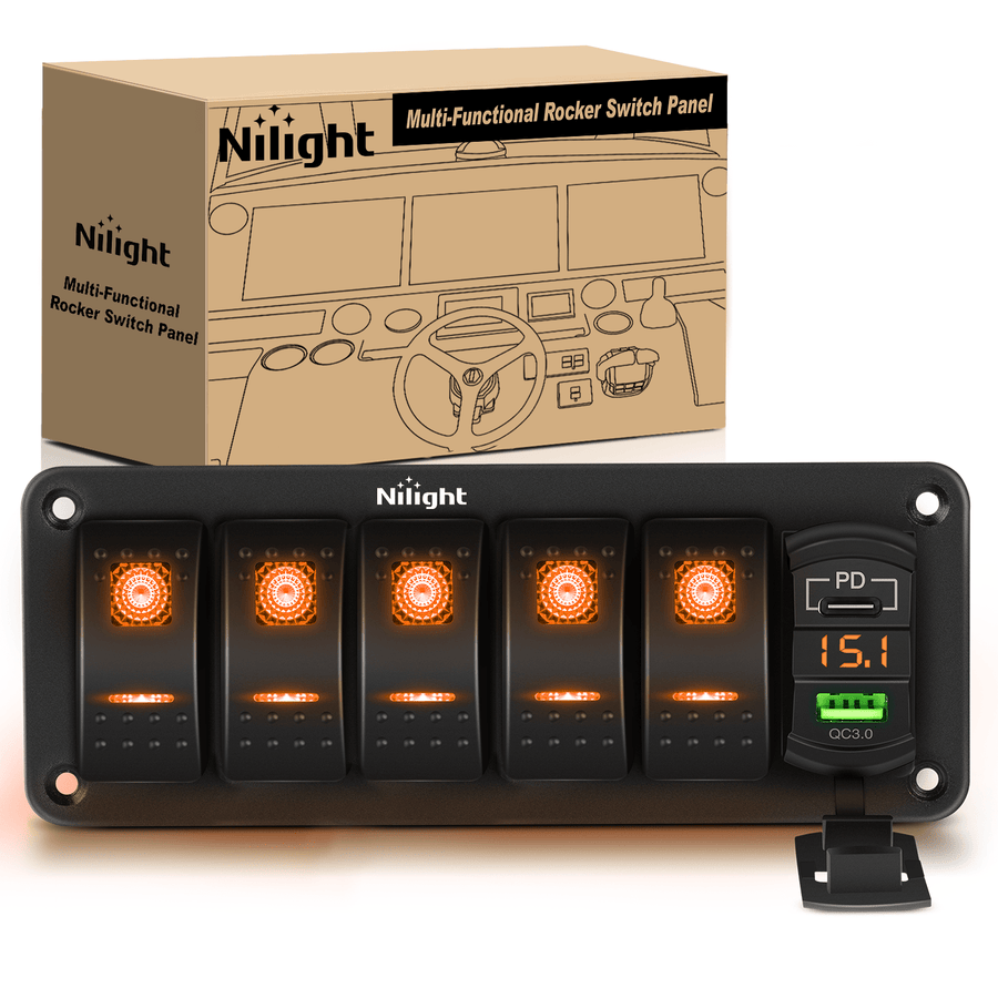 Nilight 5 Gang Switch Panel With QC3.0 & PD Charger And Voltmerter with Orange Backlit