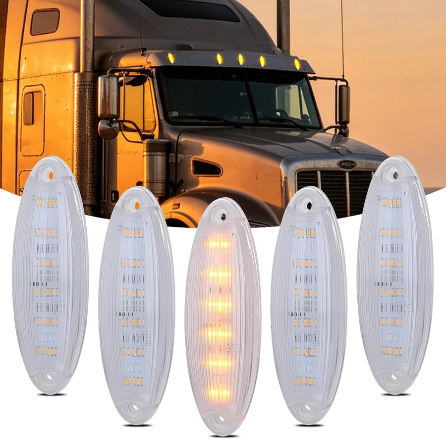 Nilight 5 Inch Amber Cab Marker Light Clear Lens Fits Freightliner Cascadia | Top Roof Marker Light 12LED IP67 Waterproof 12V Hardwired ,2008-2019 Replacement Fits Most Semi Trucks, 5 Pack