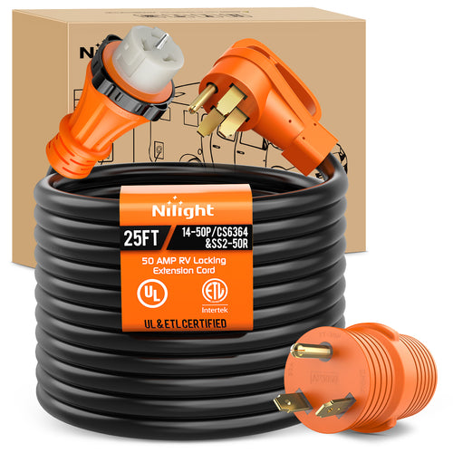 Nilight 50 Amp 25FT RV Locking Extension Cord with Adapter 30Amp to 50Amp 250V Heavy Duty 6/3+8/1 Gauge Pure Copper STW Wire ETL Listed 4 Prong 14-50P CS6364&SS2-50R Cable Suit for Campers Caravan