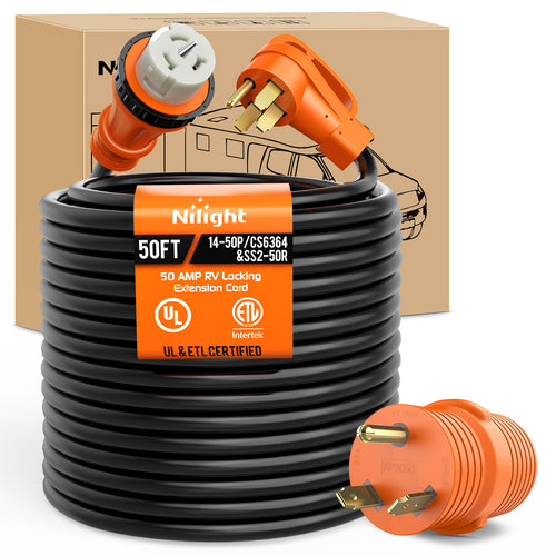 Nilight 50 Amp 50FT RV Locking Extension Cord with Adapter 30Amp to 50Amp 250V Heavy Duty 6/3+8/1 Gauge Pure Copper STW Wire ETL Listed 4 Prong 14-50P CS6364&SS2-50R Cable Suit for Campers Caravan